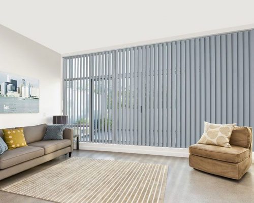 Vertical Blinds Living Room| Featured image for the Interior Blinds page from Cosmopolitan Shutters & Blinds.