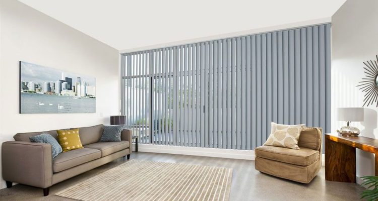 Vertical Blinds Living Room| Featured image for the Interior Blinds page from Cosmopolitan Shutters & Blinds.